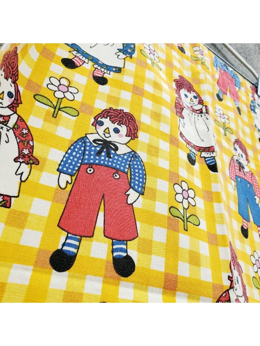 Vintage Raggedy Ann Andy Curtain Panels Set of 4 Yellow Gingham 1970s Kids Room